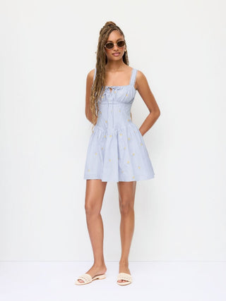 Cotton Striped Floral Square Neck Eyelet Ruched A-line Mini Dress