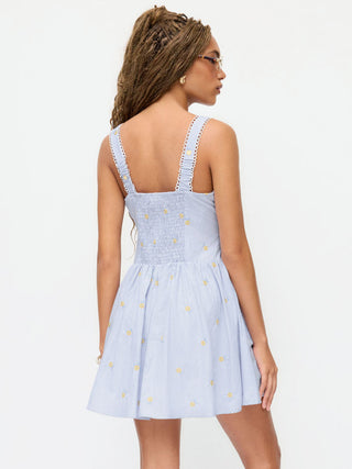 Cotton Striped Floral Square Neck Eyelet Ruched A-line Mini Dress
