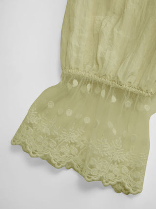 Round Neckline Lace Beaded Puff Sleeve Blouse
