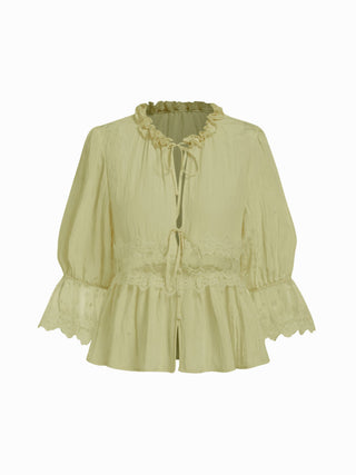 Round Neckline Lace Beaded Puff Sleeve Blouse