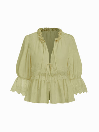 Round Neckline Lace Beaded Puff Sleeve Blouse