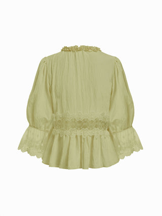 Round Neckline Lace Beaded Puff Sleeve Blouse