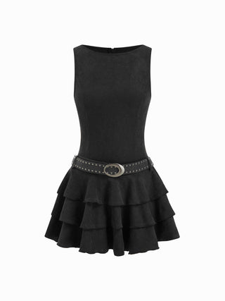 Round Neckline Layered Hem Mini Dress With Studded Belt