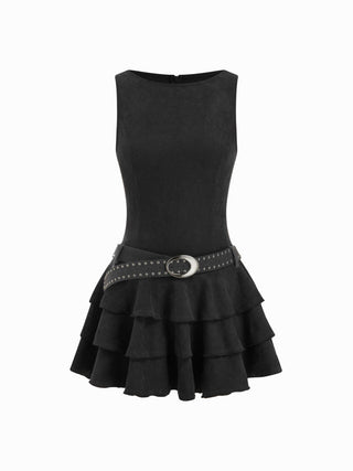 Round Neckline Layered Hem Mini Dress With Studded Belt