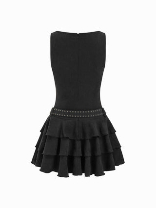 Round Neckline Layered Hem Mini Dress With Studded Belt