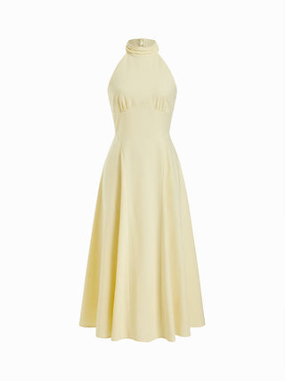 Linen-blend Halter Neckline Ruched A-line Maxi Dress