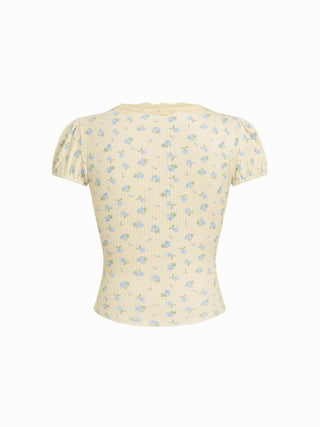 Floral V-neck Puff Sleeve Lace Trim Ruched Top