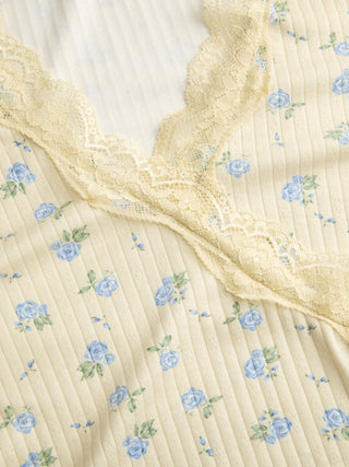 Floral V-neck Puff Sleeve Lace Trim Ruched Top