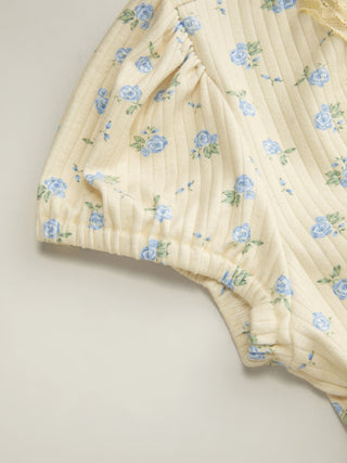 Floral V-neck Puff Sleeve Lace Trim Ruched Top