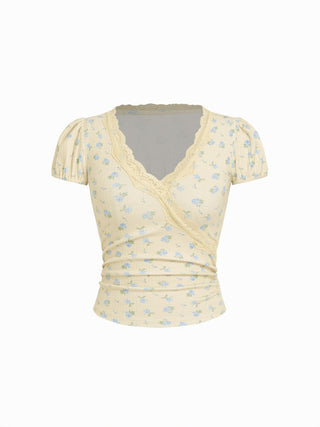 Floral V-neck Puff Sleeve Lace Trim Ruched Top