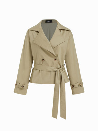 Cotton-blend Collar Long Sleeve Belted Crop Windbreaker