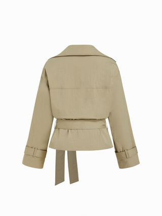 Cotton-blend Collar Long Sleeve Belted Crop Windbreaker