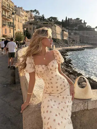 Satin Satin Floral Sweetheart Puff Sleeve Ruched Lettuce Trim Mermaid Maxi Dress For Date