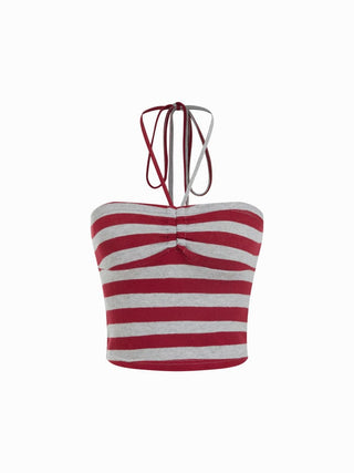 Cotton-blend Stripe Halter Neck Ruched Top & Low Rise Drawstring Shorts Set