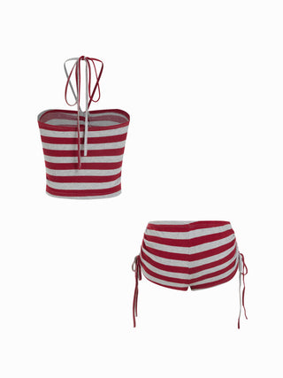 Cotton-blend Stripe Halter Neck Ruched Top & Low Rise Drawstring Shorts Set