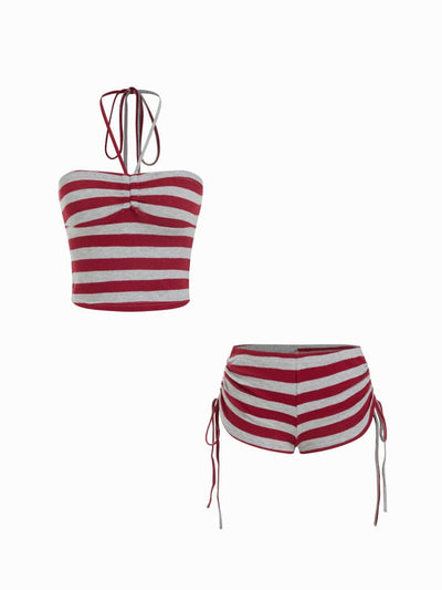 Cotton-blend Stripe Halter Neck Ruched Top & Low Rise Drawstring Shorts Set