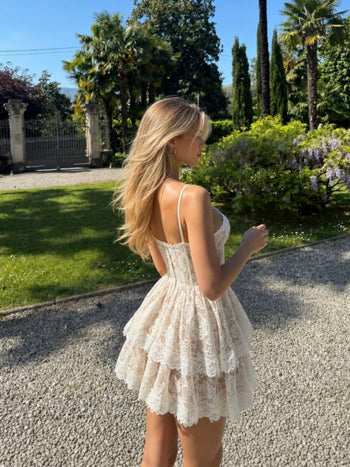 Lace Textured Sculptural Sweetheart Neck Layered Bowknot Tiered Mini Dress