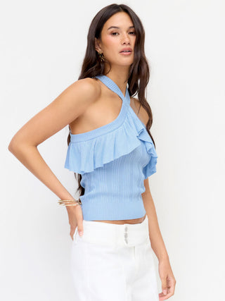 Knit Ribbed Halter Neckline Ruffle Top