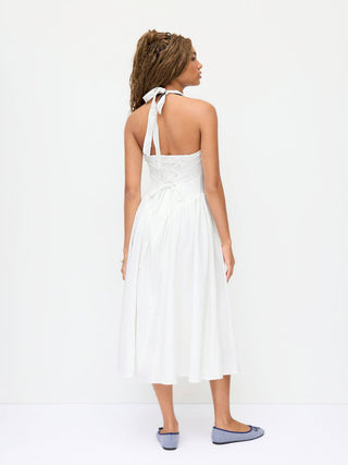 Linen-blend Halter Neckline Bowknot Contrast Binding Draped Flared Maxi Dress