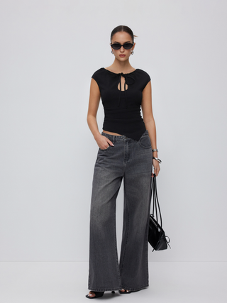 Textured Cut Out Drawstring Ruched Asymmetrical Hem Short Sleeve Top