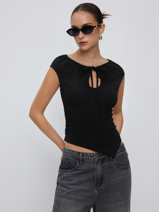 Textured Cut Out Drawstring Ruched Asymmetrical Hem Short Sleeve Top