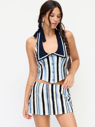 Cotton-Blend Stripe Sailor Collar Halter Top & Low Rise Shorts Set
