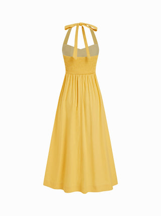 Linen-blend Halter Neckline Flared Maxi Dress