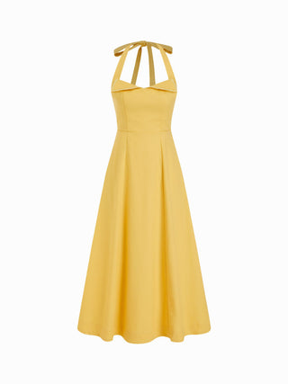 Linen-blend Halter Neckline Flared Maxi Dress