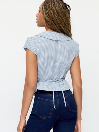 Cotton-blend Gingham Peter Pan Collar Puff Sleeve Bowknot Blouse