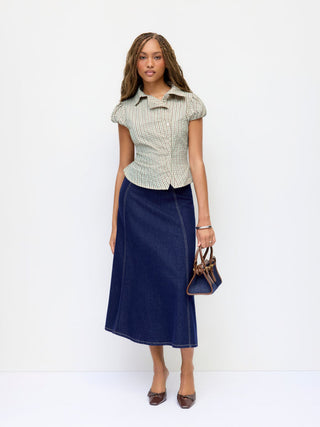 Cotton-blend Plaid Puff Sleeve Ruched Blouse
