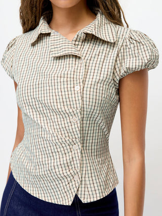 Cotton-blend Plaid Puff Sleeve Ruched Blouse