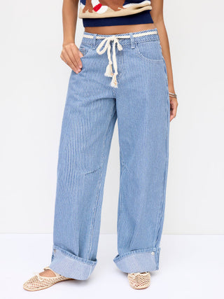 Denim Mid Rise Striped Barrel-leg Jeans with Belt