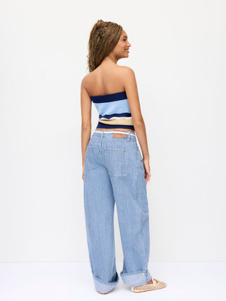 Denim Mid Rise Striped Barrel-leg Jeans with Belt