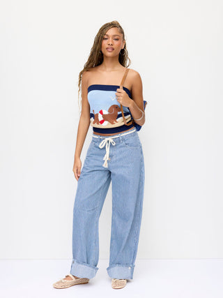 Denim Mid Rise Striped Barrel-leg Jeans with Belt