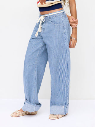Denim Mid Rise Striped Barrel-leg Jeans with Belt