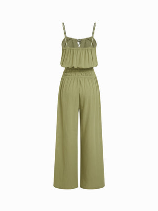 Cotton Scoop Neck Shirred Bowknot Mid Rise Wide Leg Jumpsuit