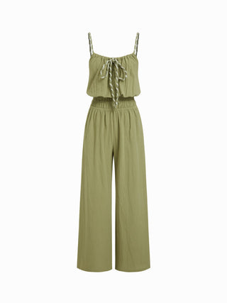 Cotton Scoop Neck Shirred Bowknot Mid Rise Wide Leg Jumpsuit