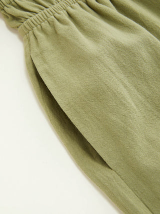 Cotton Scoop Neck Shirred Bowknot Mid Rise Wide Leg Jumpsuit
