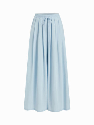 Cotton-blend Mid Rise Drawstring Ruched Wide Leg Trousers