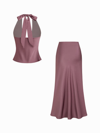 Satin Halter Top and Wrap Mermaid Maxi Skirt Set