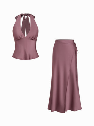 Satin Halter Top and Wrap Mermaid Maxi Skirt Set