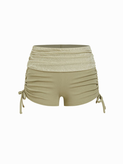 Cotton-blend Low Rise Textured Ruched Drawstring Shorts