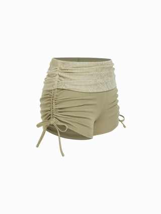 Cotton-blend Low Rise Textured Ruched Drawstring Shorts