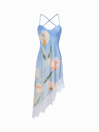 Satin Floral Graphic Lace Trim Asymmetrical Hem A-line Maxi Cami Dress