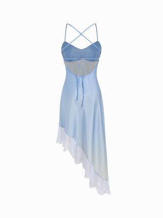 Satin Floral Graphic Lace Trim Asymmetrical Hem A-line Maxi Cami Dress