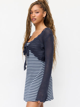 Knit Crochet Hollow Out Bell Sleeve Knotted Oversized Cardigan