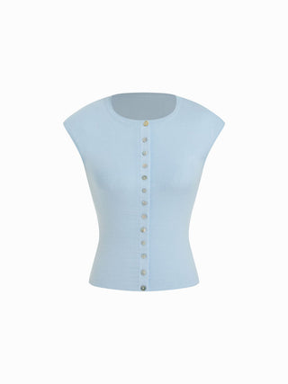 Knit Round Neck Button Front Top