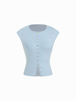 Knit Round Neck Button Front Top