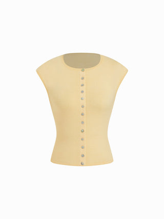 Knit Round Neck Button Front Top