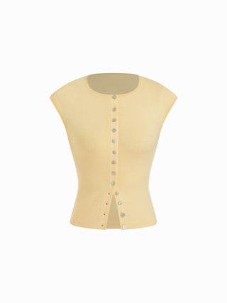 Knit Round Neck Button Front Top